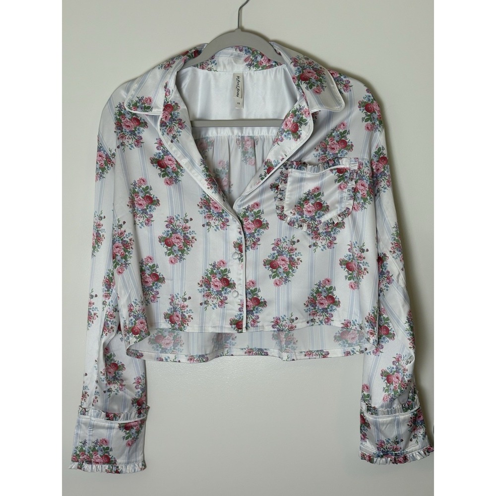 For Love and Lemons Satin Floral Ruffle Coquette Pajama Set Bridal Sleepwear XS - Picture 5 of 11